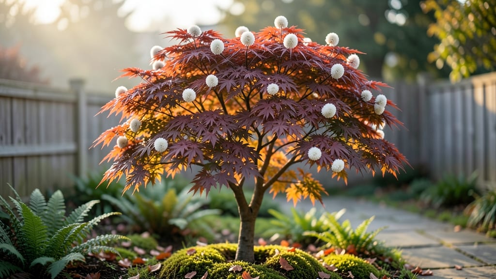 Dwarf Japanese Maple with White Lace-Like Pom Poms