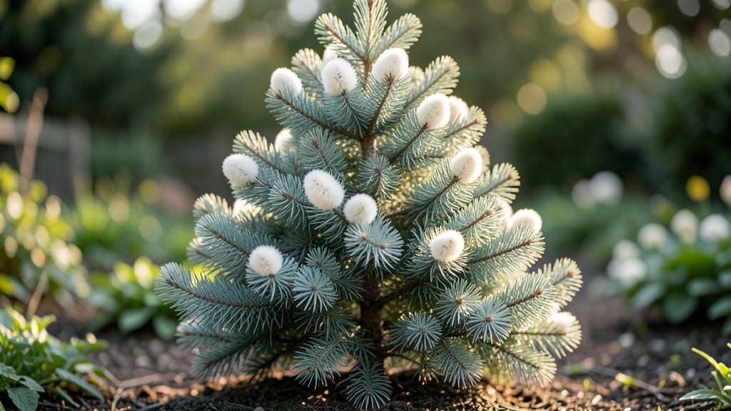 Dwarf Alberta Spruce with White Flowering Pom Poms