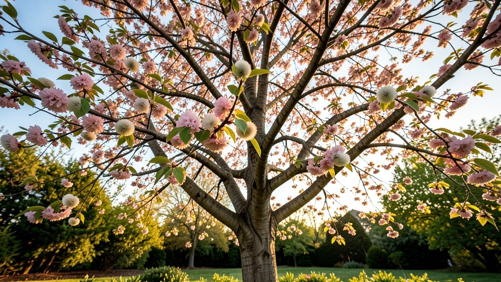 Eastern Redbud with White Pom-Pom Seed Pods
