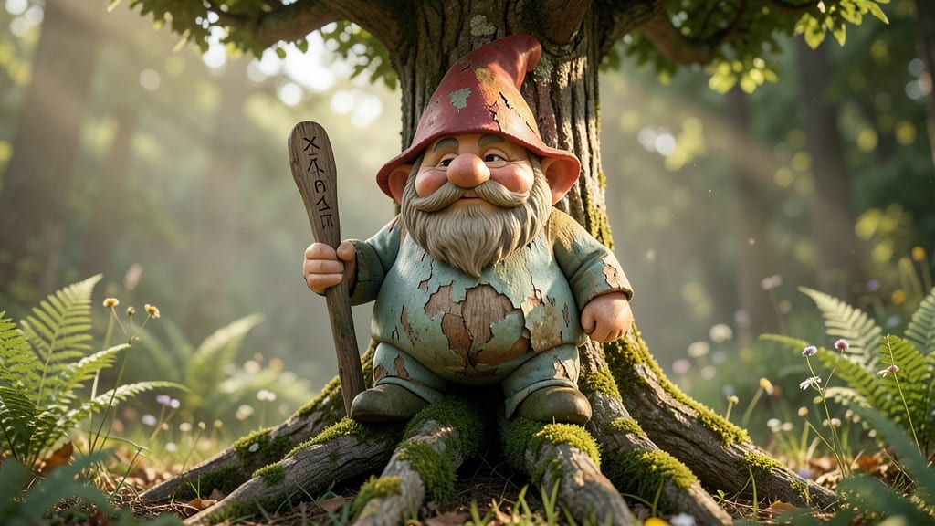 Gnome Tree Guardians With Weathered Paint Effects